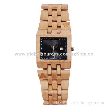 Wooden Wristwatch with Stainless Steel Buckle, Japan Movement, Calendar